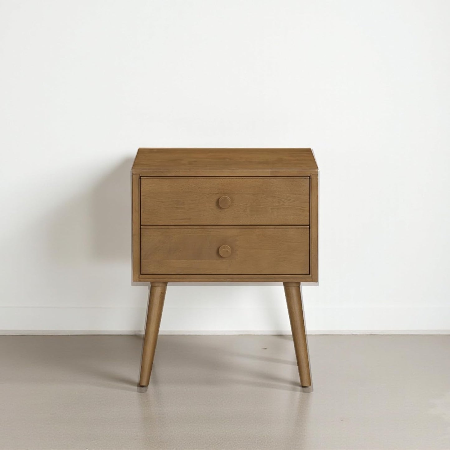 Solid Rubberwood 2-Drawer Nightstand – Sand Mid-Century Bedside Table