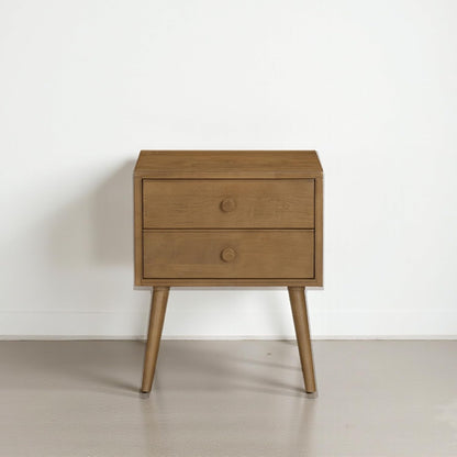 Solid Rubberwood 2-Drawer Nightstand – Sand Mid-Century Bedside Table