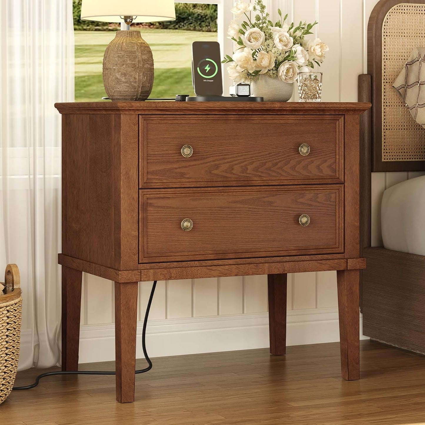 Solid Wood 2-Drawer Nightstand with Charging Station – Teak Farmhouse Bedside Table