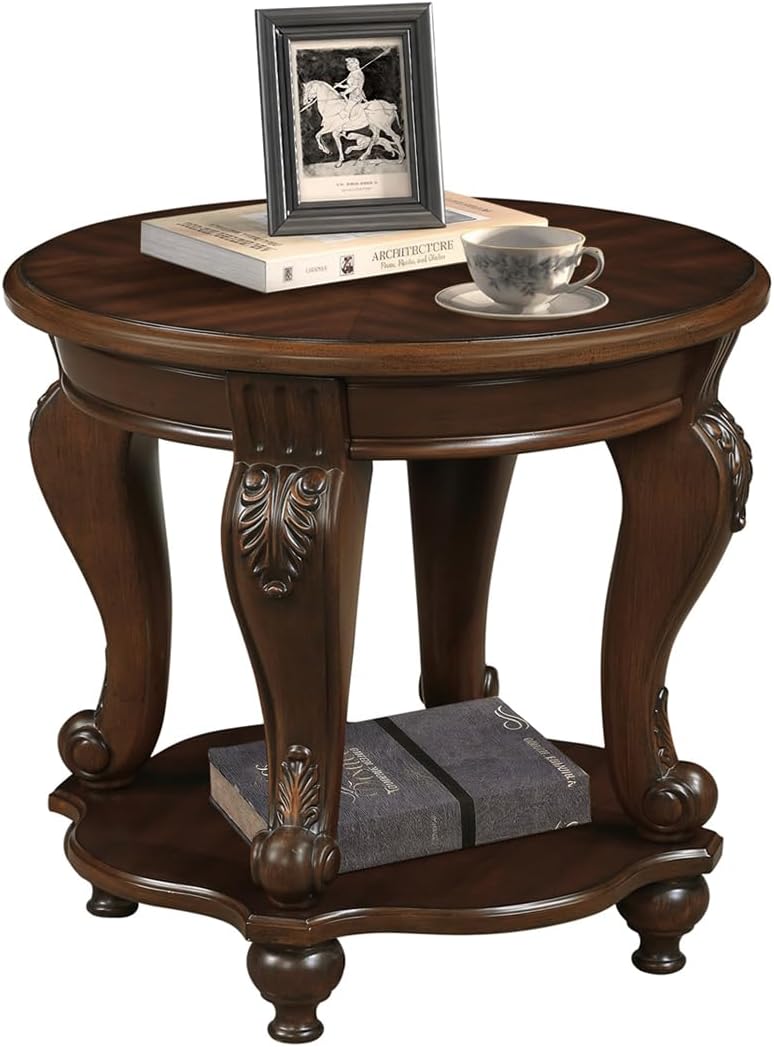 Round End Table Antique Natural Victorian Carved Side Table with Storage Shelf