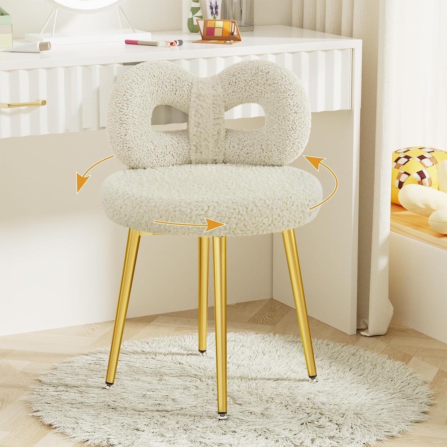 Pink Bow Vanity Chair Swivel Upholstered Makeup Chair with Metal Legs