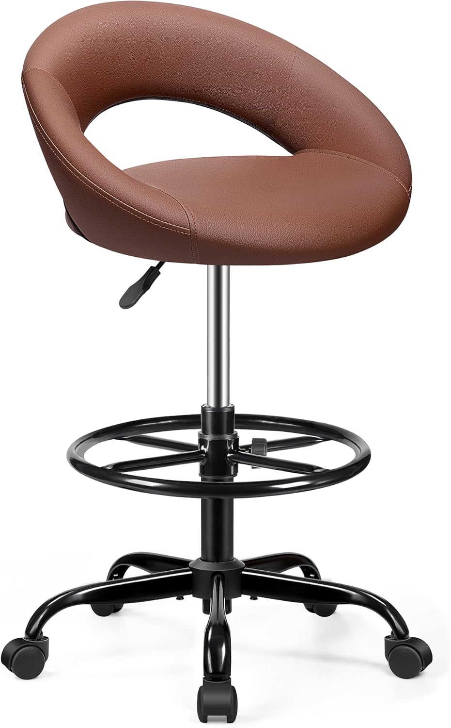 Adjustable Drafting Chair Black Faux Leather Swivel Counter Stool with Wheels
