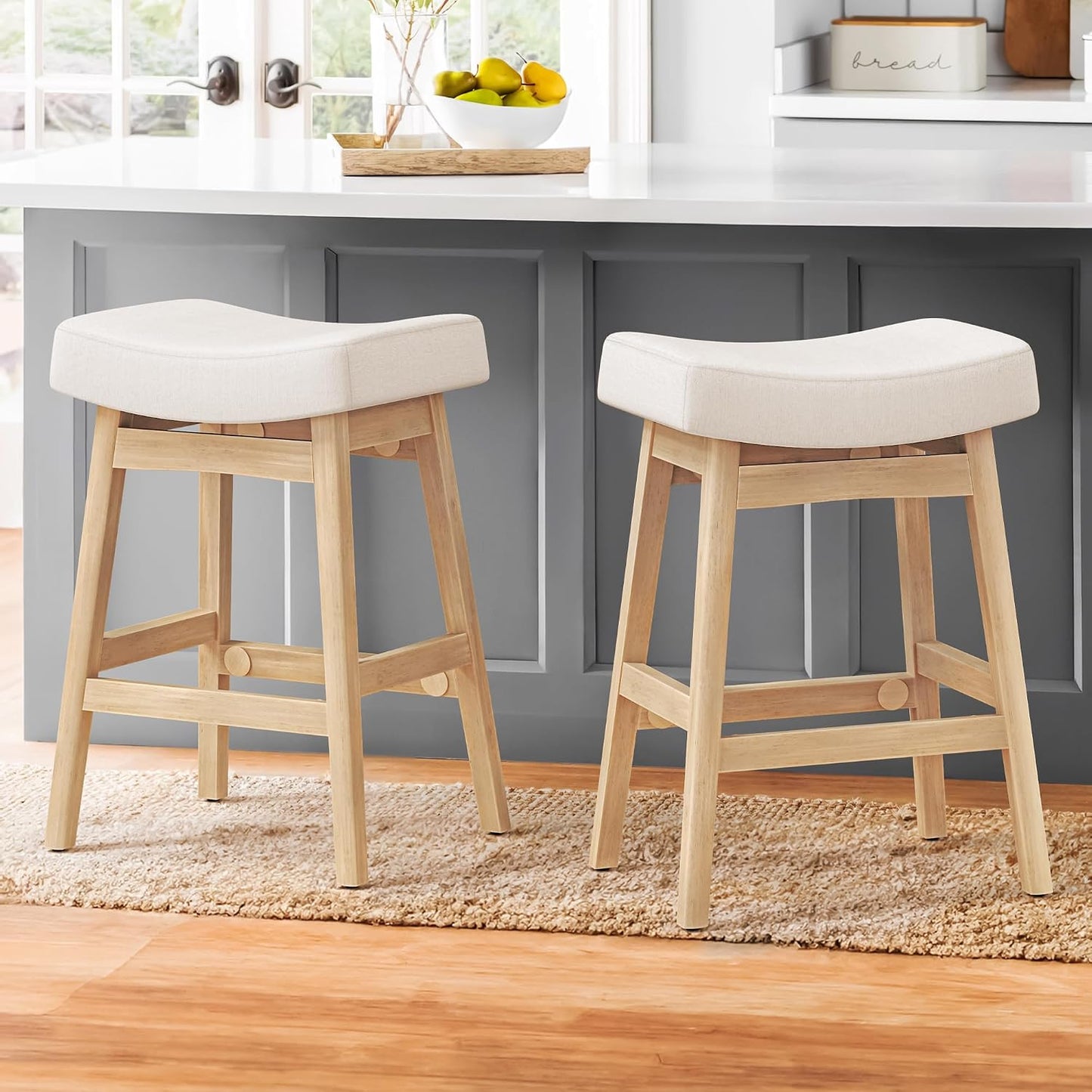 24 Inch Counter Height Bar Stools Set of 2 Antique White Saddle Seats