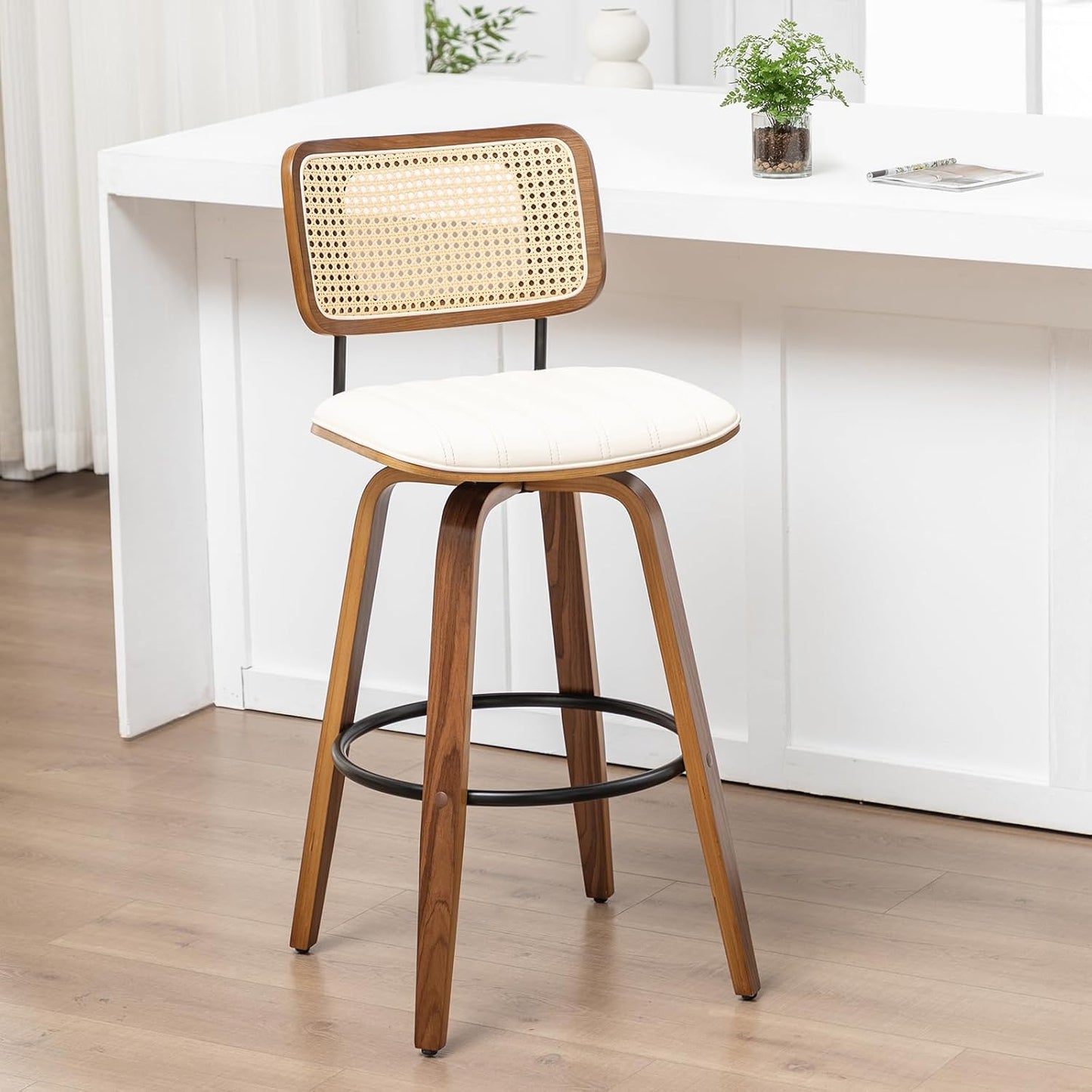 Walnut Rattan Counter Stool with Cane Back Grey Fabric Seat 26 Inch