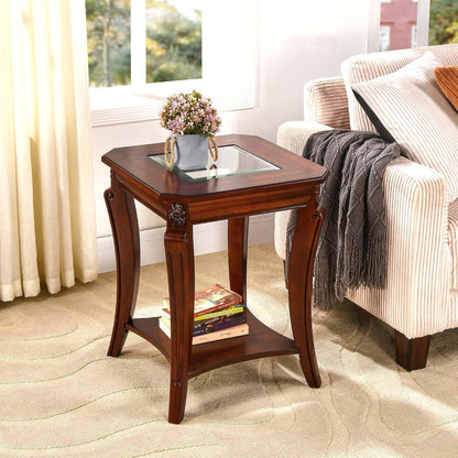 Solid Wood Glass Top End Table Cherry Walnut with Storage Shelf Vintage Side Table