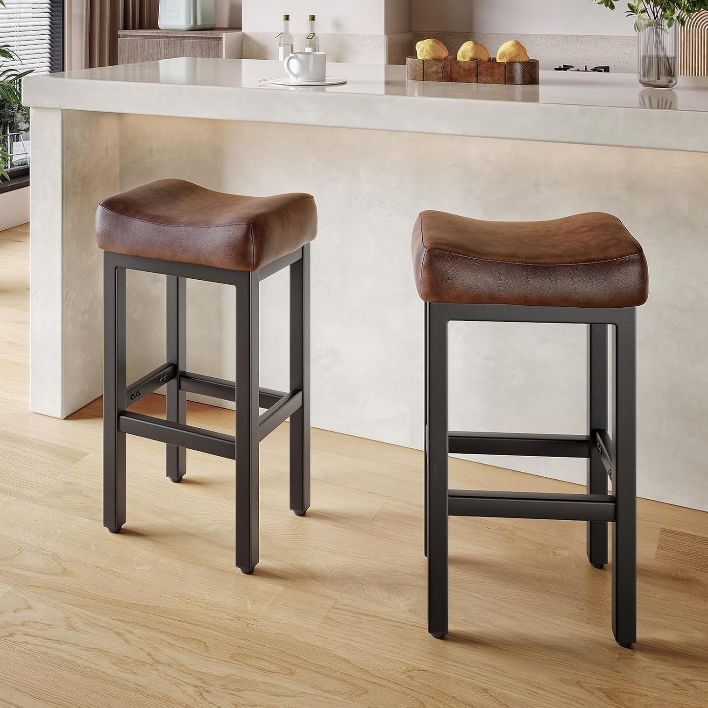 Black Bar Height Stools Set of 2 Upholstered Saddle Kitchen Seats