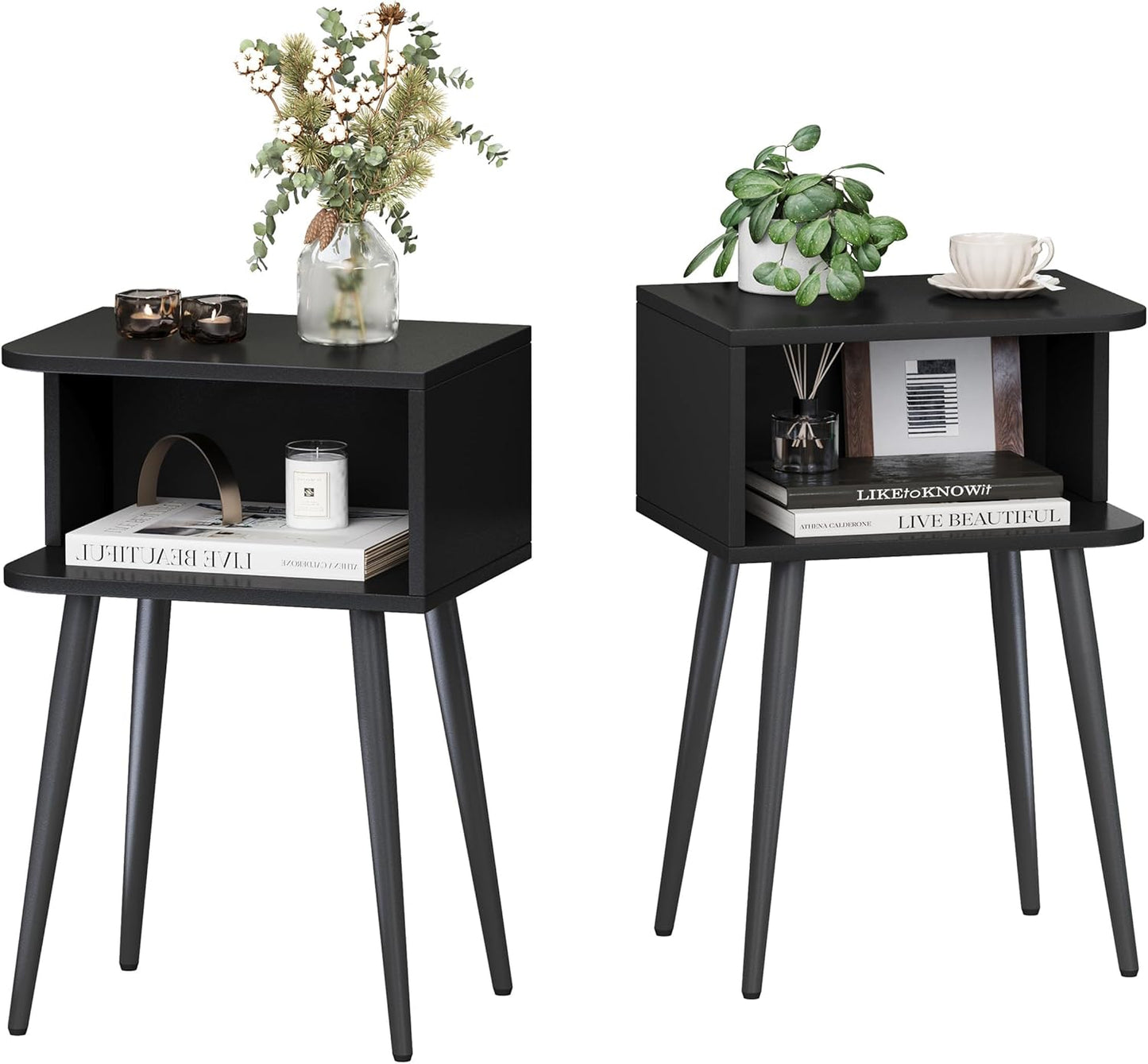 Mid-Century Modern Walnut Brown Nightstand Set of 2 with Open Storage