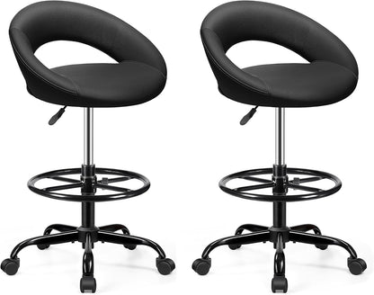 Adjustable Drafting Chair Black Faux Leather Swivel Counter Stool with Wheels