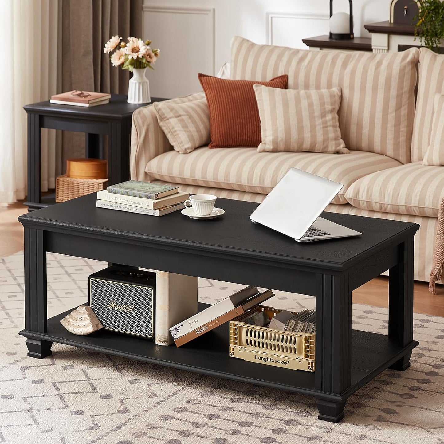 Farmhouse Walnut Coffee Table with Open Storage Shelf Rustic Wood Center Table
