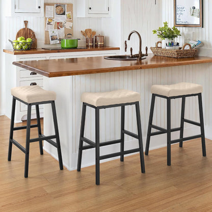 24 Inch Counter Height Bar Stools Set of 3 Brown Saddle Seats Black Metal Frame