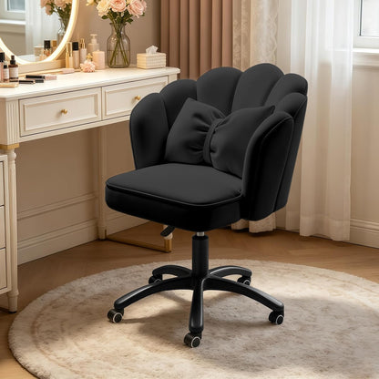 Purple Velvet Petal Vanity Chair Swivel Rolling Desk Chair with Bow Cushion