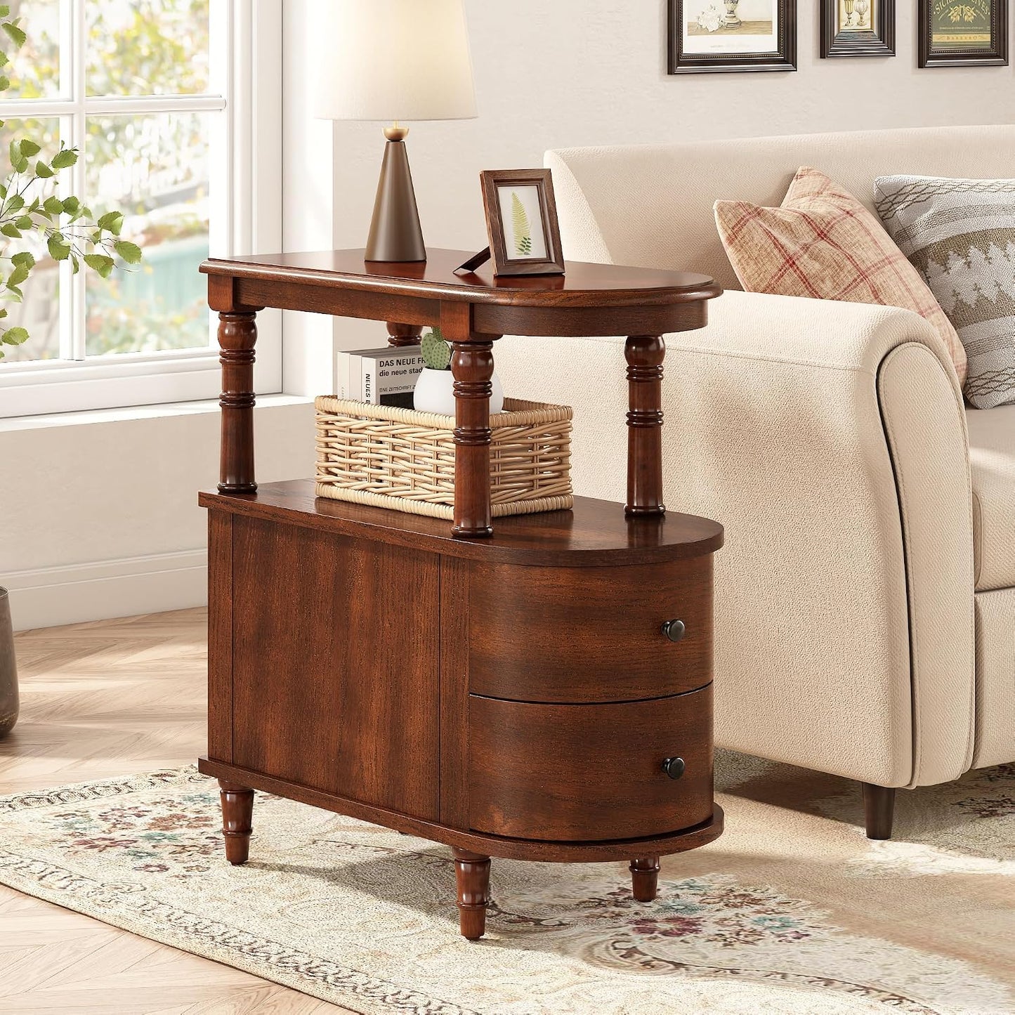 Solid Wood Slim End Table with 2 Drawers & Storage Shelf – Beewax Tone
