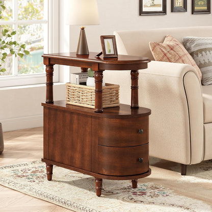 Solid Wood Slim End Table with 2 Drawers & Storage Shelf – Beewax Tone
