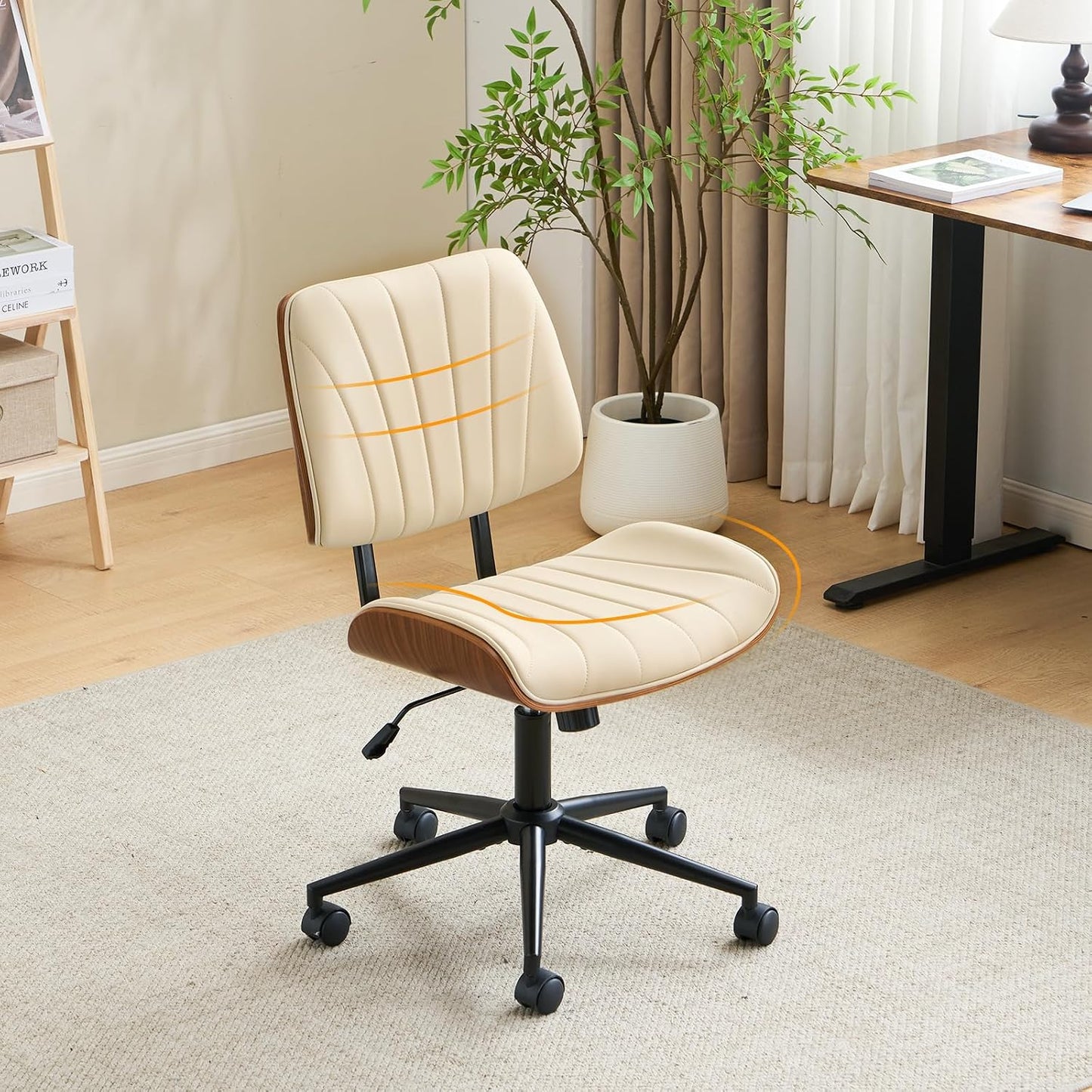 Walnut Office Chair Black PU Leather Adjustable Swivel Rolling Desk Chair