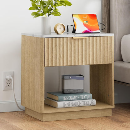 23" Modern Fluted Nightstand with Charging Station – Natural Oak Bedside Table