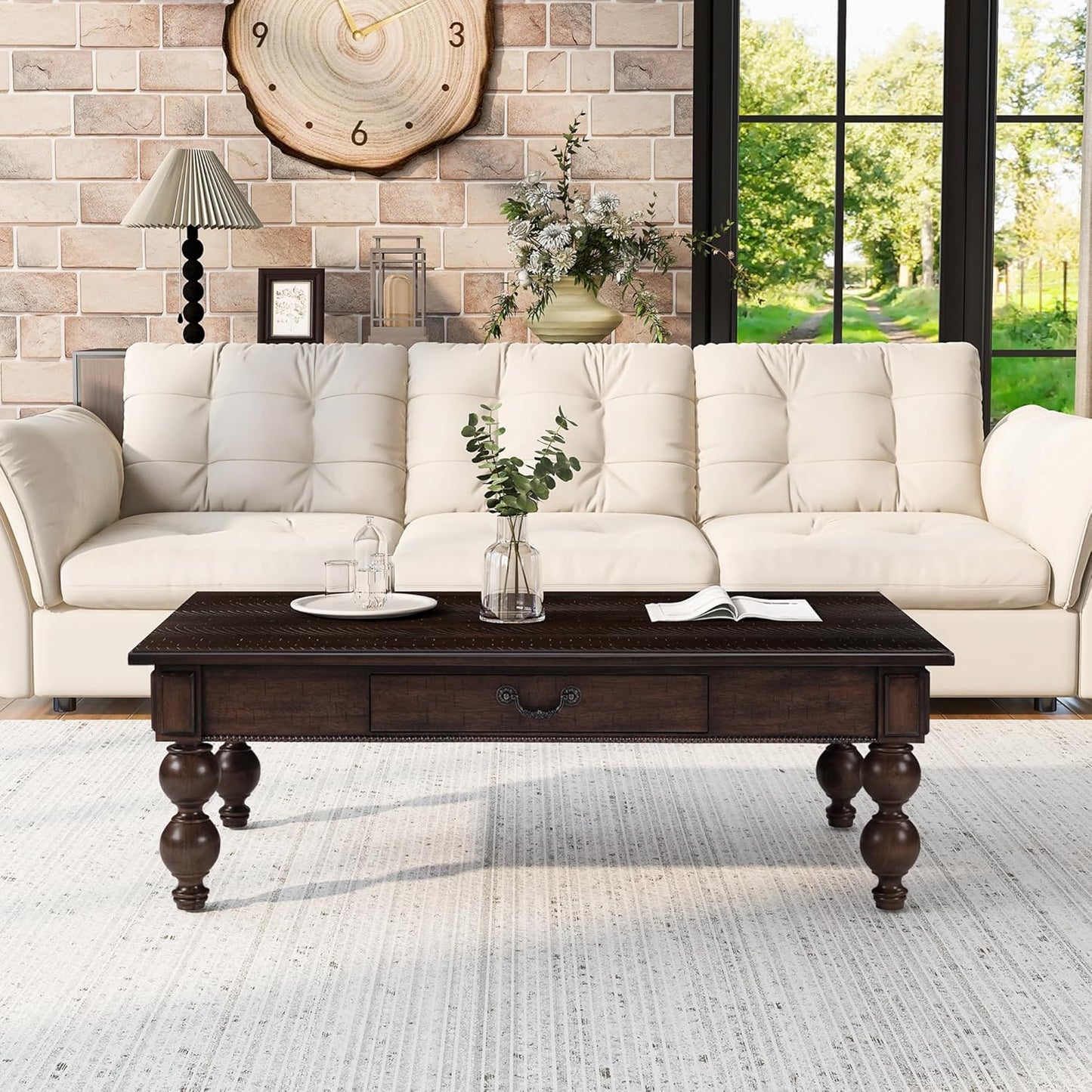Traditional Walnut Coffee Table with Drawer Rustic Farmhouse Wood Living Room Table