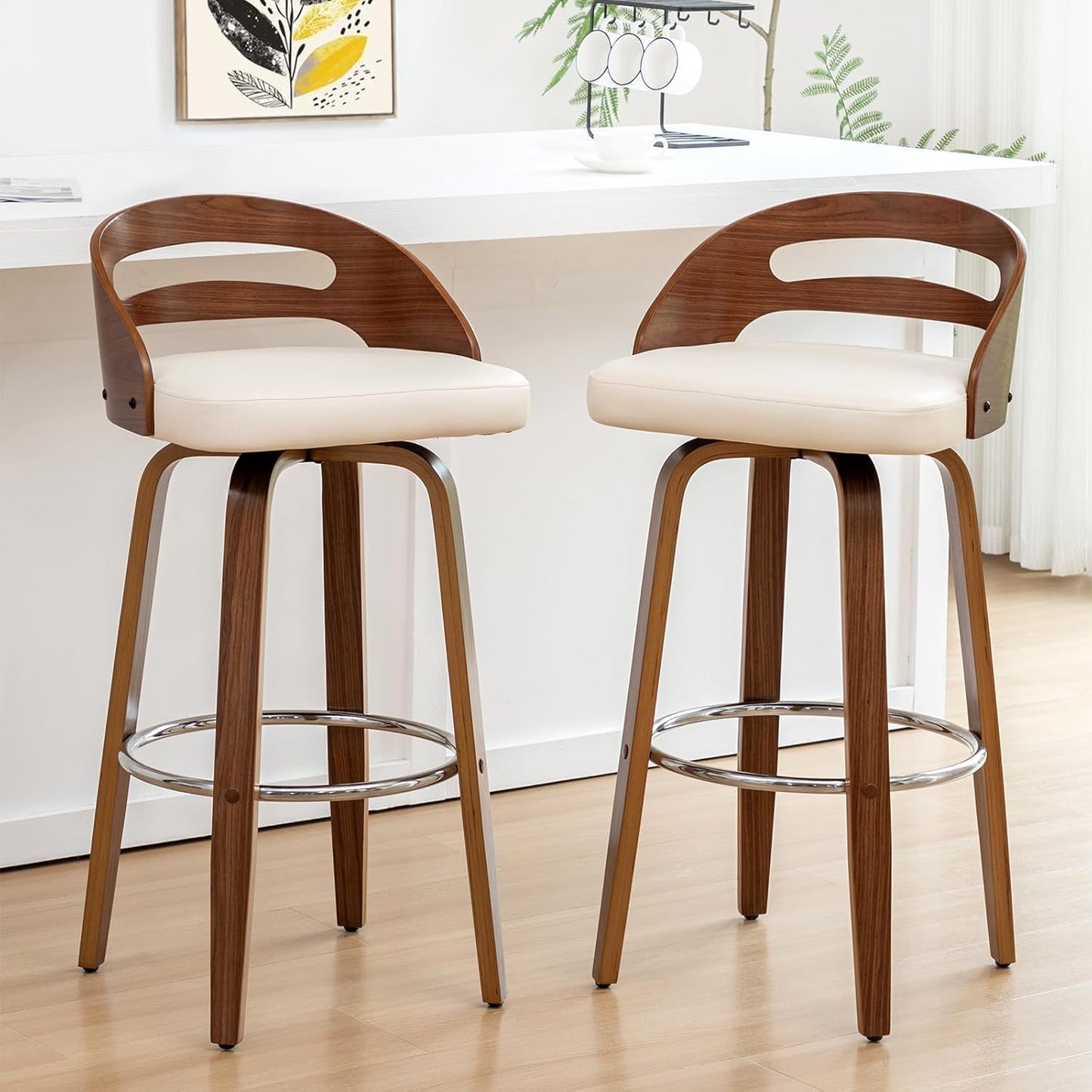 Walnut Green Swivel Counter Stool with Faux Leather Seat Mid Century Bar Chair