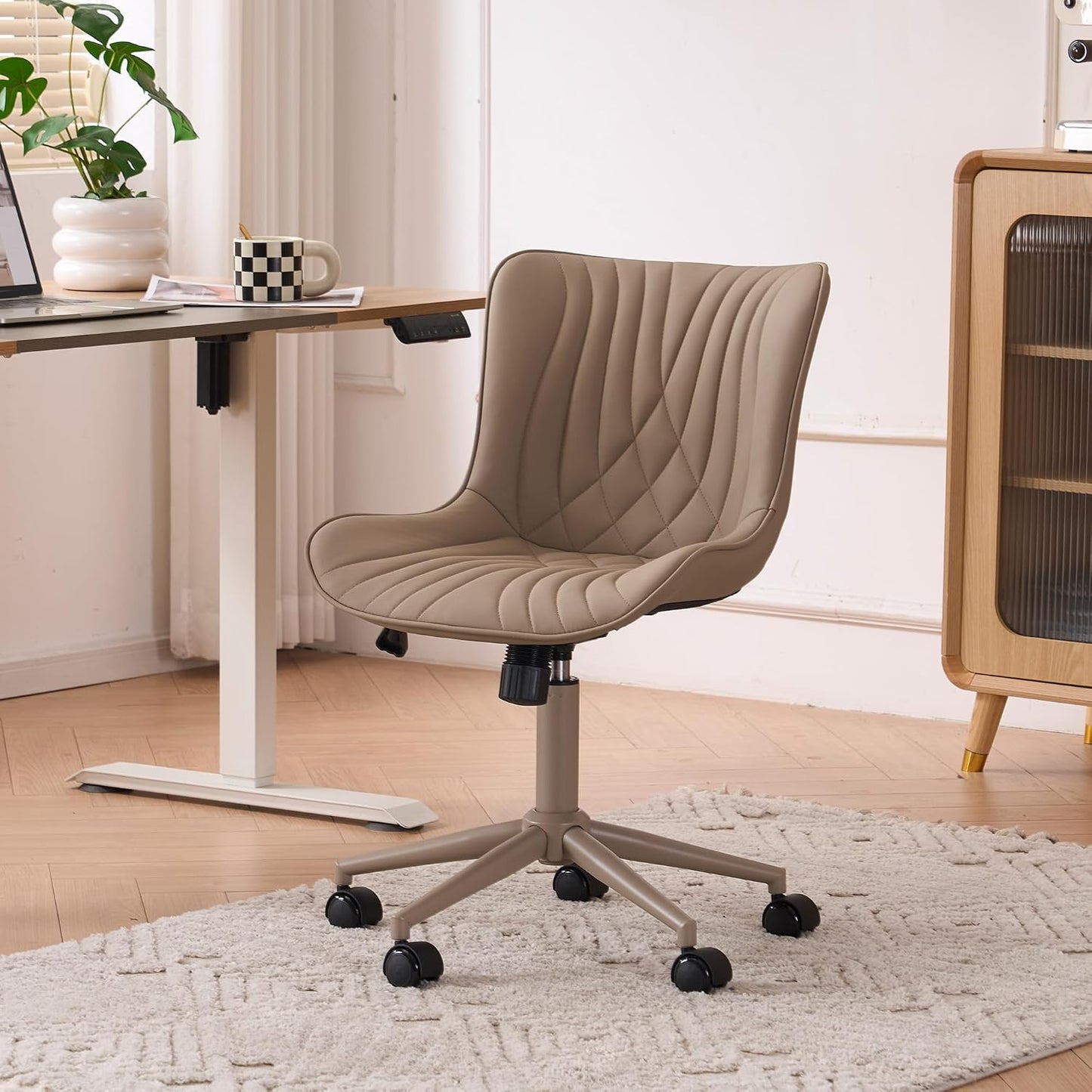 Brown Faux Leather Office Chair Adjustable Swivel Rolling Armless Desk Chair