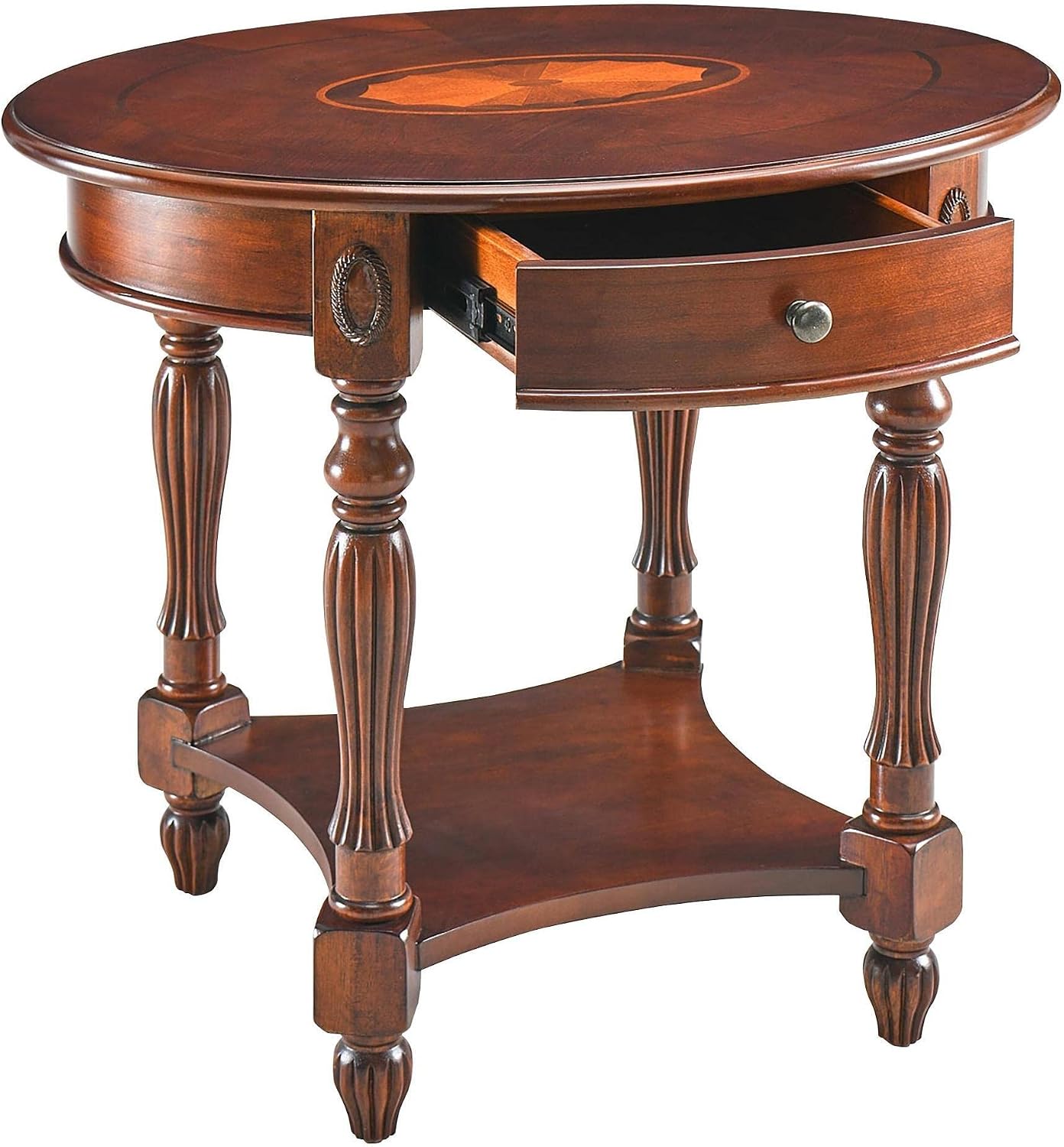 Solid Wood Oval End Table with Drawer and Lower Storage Shelf