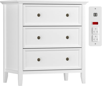 Solid Wood 3-Drawer Nightstand with Charging Station – White Farmhouse Bedside Table