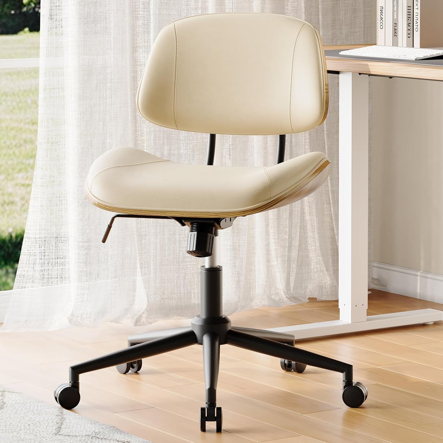 Black PU Leather Office Chair Armless Swivel Desk Chair with Walnut Back and Wheels