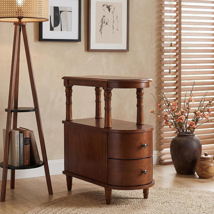 Solid Wood Narrow End Table with Drawers White Slim Bedside Nightstand