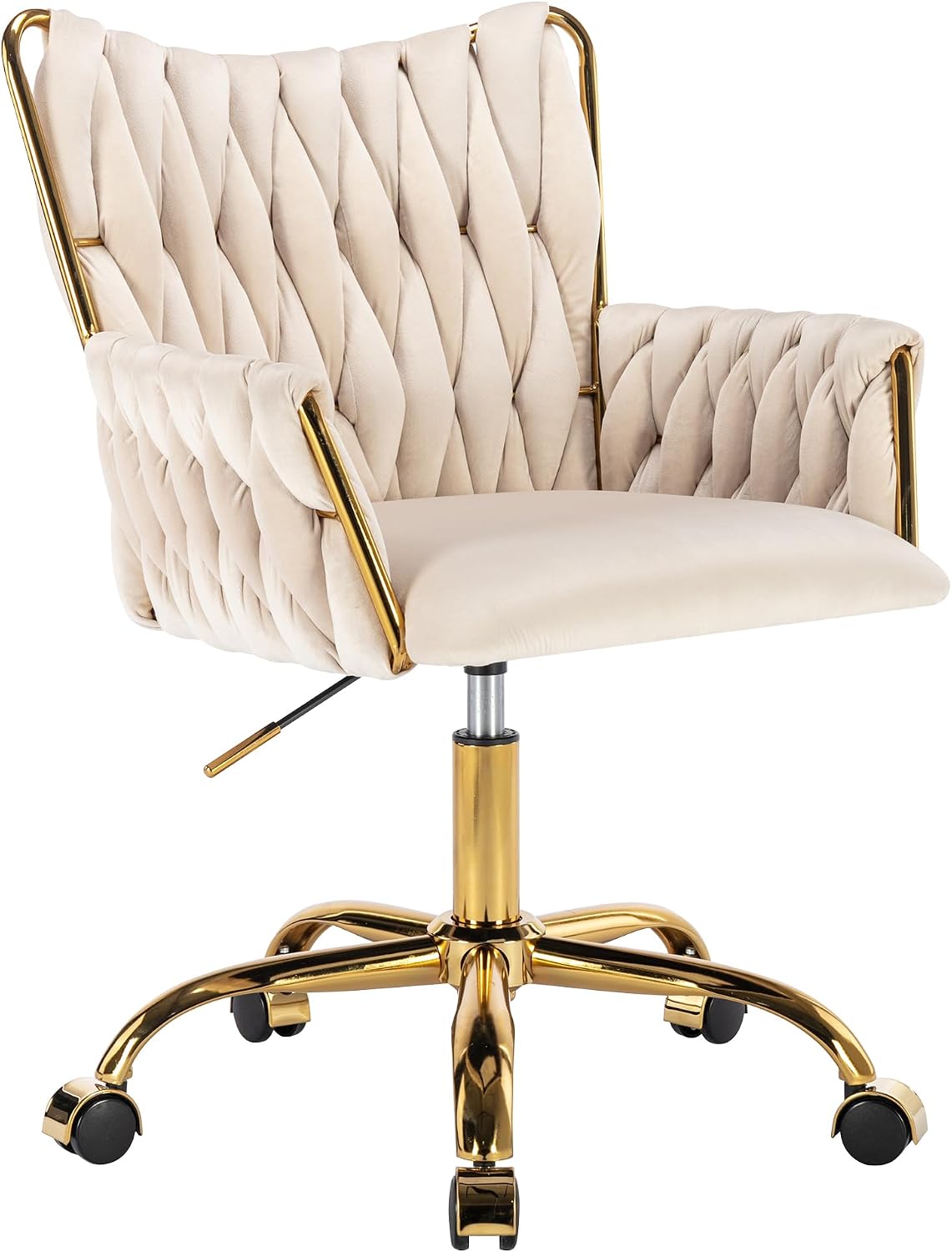 Black Velvet Swivel Desk Chair Hand Woven High Back Gold Base Adjustable Height