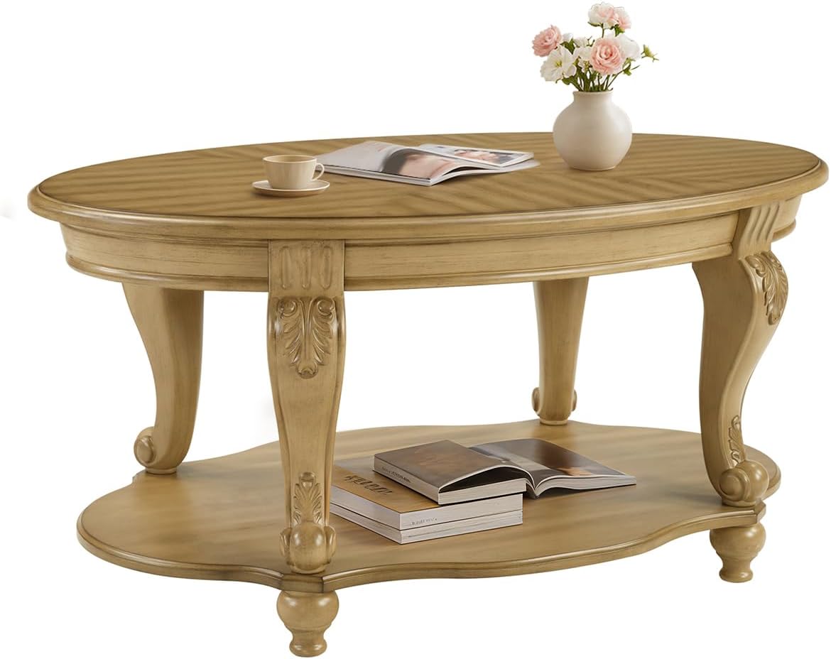 Oval Coffee Table with Storage Victorian Carved Wood 2 Tier Living Room Table