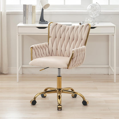 Rose Pink Velvet Vanity Chair Gold Swivel Rolling Office Chair with Wheels