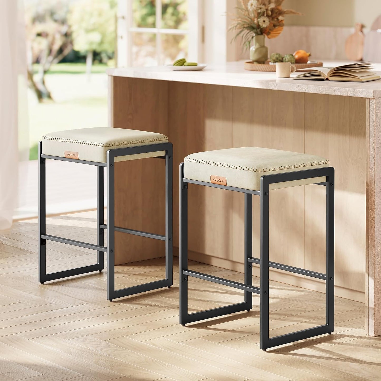 26 Inch Caramel Brown Counter Stool Upholstered Saddle Kitchen Bar Chair