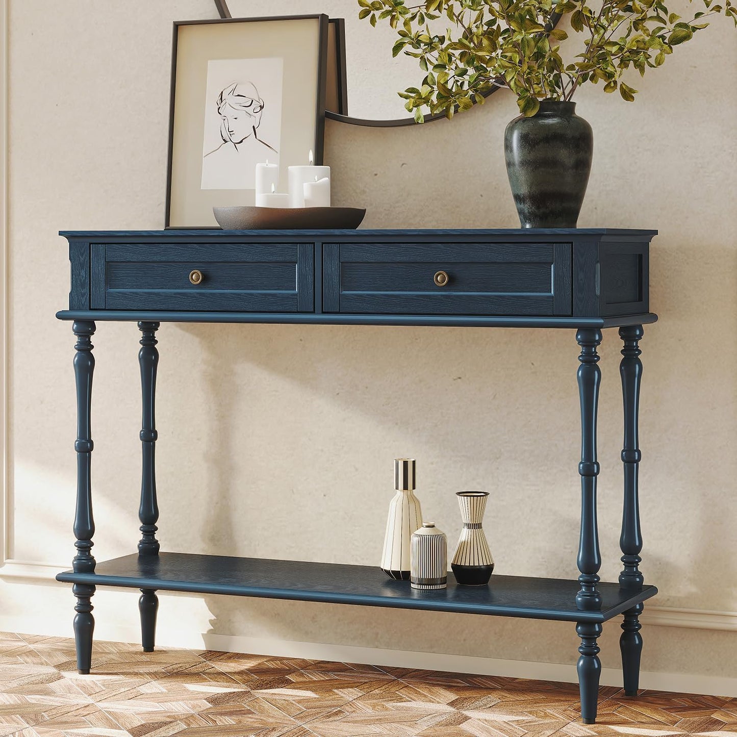 Green Console Table with Drawers Wood Entryway Table with Storage Shelf