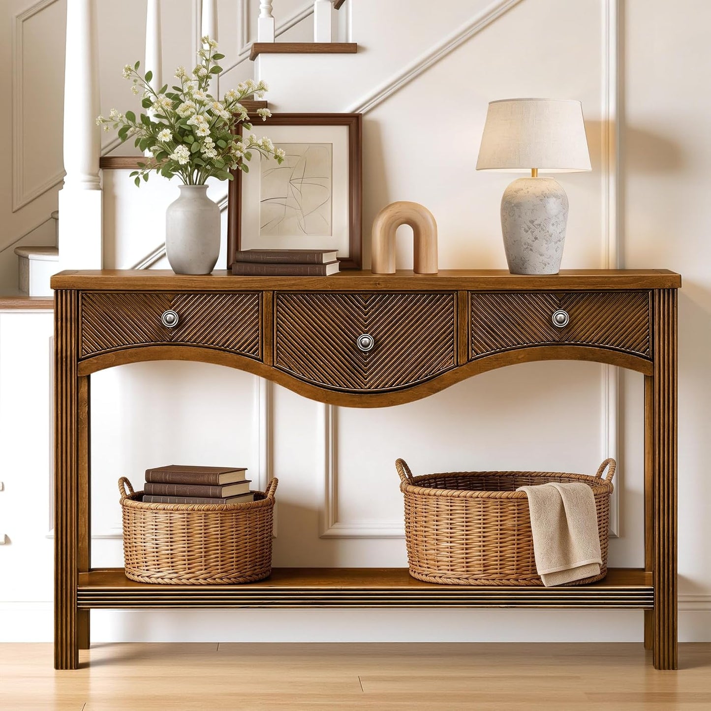 Scalloped Wood Console Table with 3 Drawers Narrow Espresso Entryway Table
