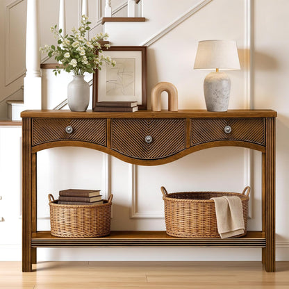 Scalloped Wood Console Table with 3 Drawers Narrow Espresso Entryway Table