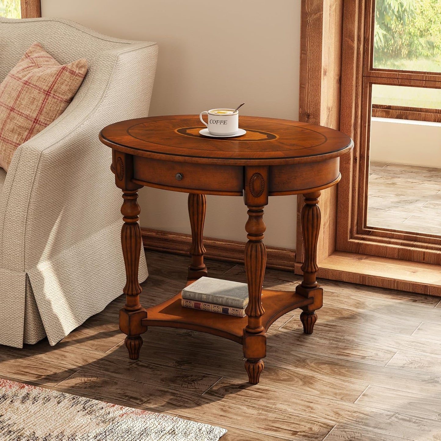 Solid Wood Oval End Table Cherry Walnut with Drawer and Storage Shelf
