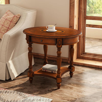 Solid Wood Oval End Table Cherry Walnut with Drawer and Storage Shelf