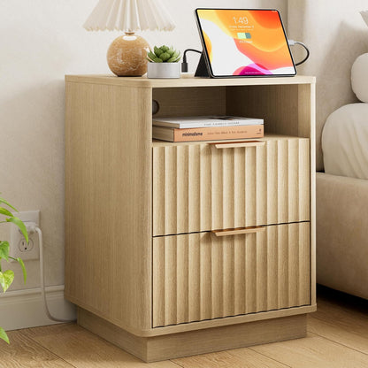 Modern Fluted 2-Drawer Nightstand with Charging Station – Natural Oak