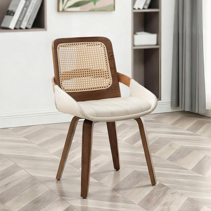 Walnut Rattan Dining Chair with Cane Back Black Upholstered Seat and Arms