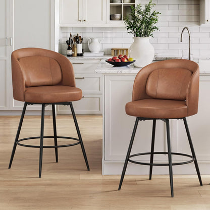 26 Inch Swivel Counter Height Bar Stools Linen Upholstered Black Metal Set of 2