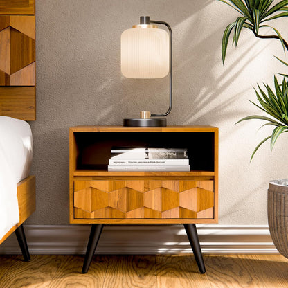 Solid Acacia Wood Geometric Nightstand with Drawer & Open Shelf