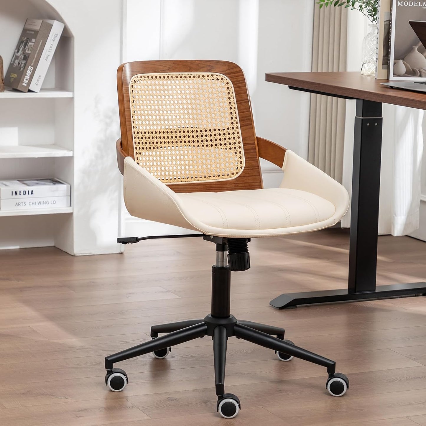 Walnut Rattan Office Chair Green Faux Leather Swivel Rolling Desk Chair