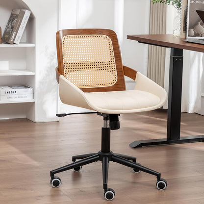 Walnut Rattan Office Chair Green Faux Leather Swivel Rolling Desk Chair