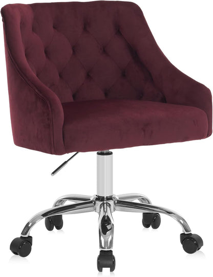 Ivory Velvet Office Chair Tufted Adjustable Swivel Vanity Chair with Wheels
