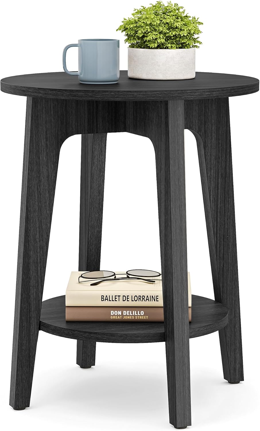Round Wood Side Table with Lower Shelf Mid Century End Table