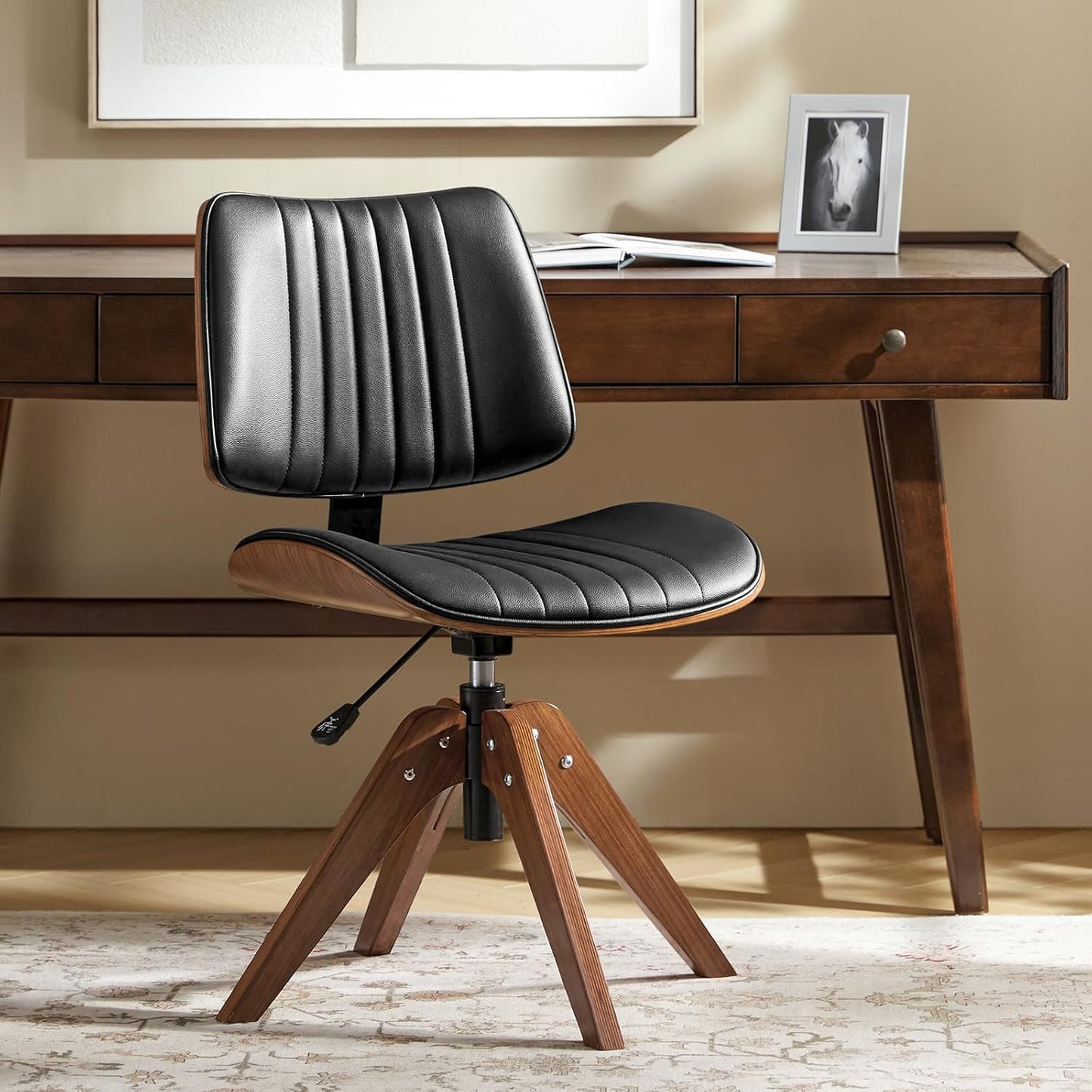 Sage Faux Leather Swivel Desk Chair Adjustable Height Wood Legs Mid Century