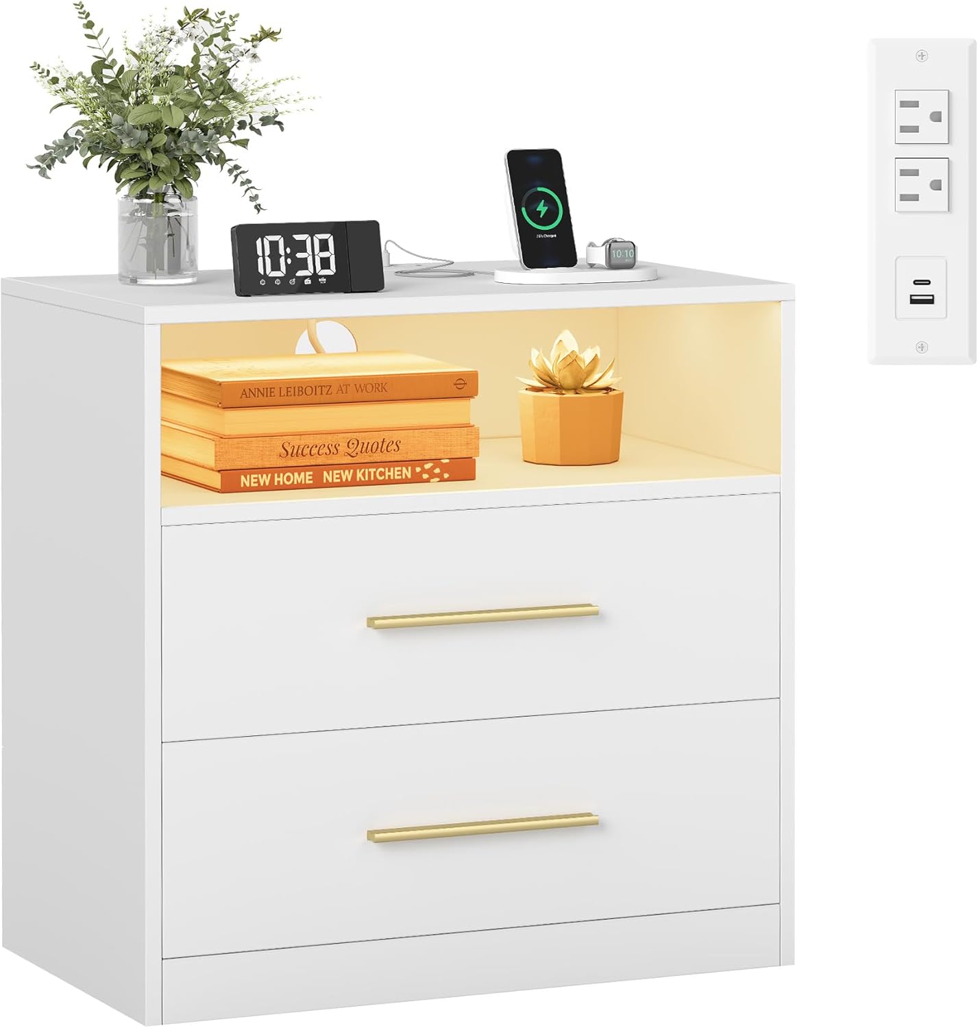 Modern Misty Gray Nightstand with LED Lights & Charging Station – 2-Drawer Bedside Table