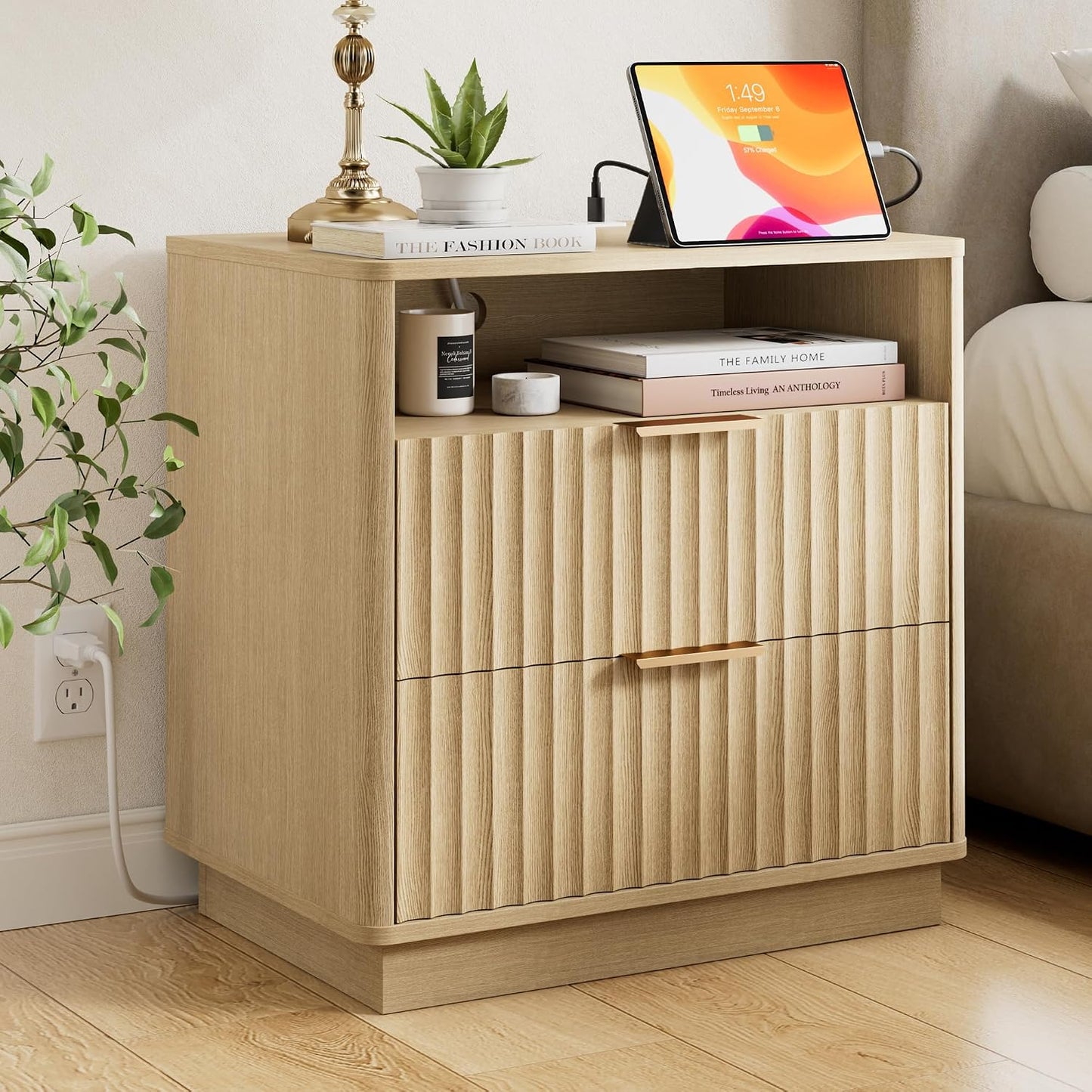 23" Walnut Fluted Nightstand with Charging Station – 2-Drawer Bedside Table