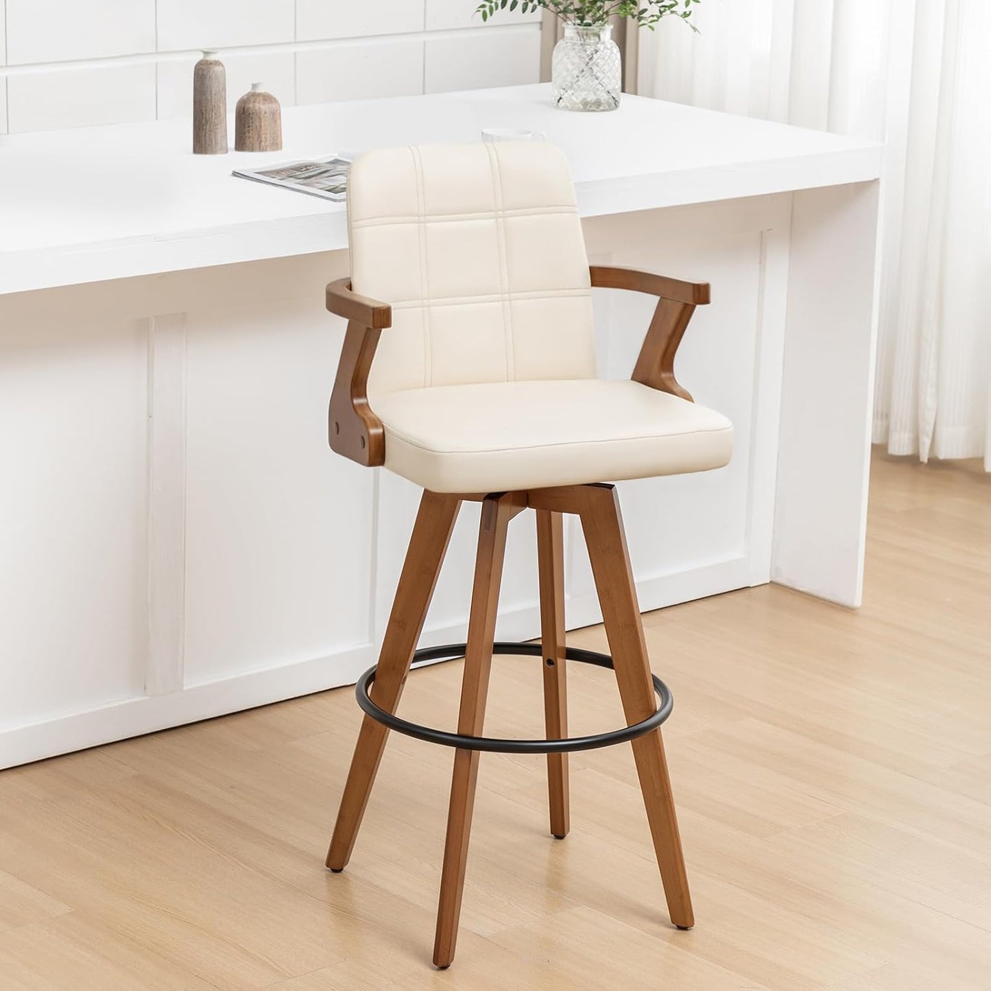 Walnut Black Swivel Counter Stool with Arms Mid Century Upholstered Bar Chair