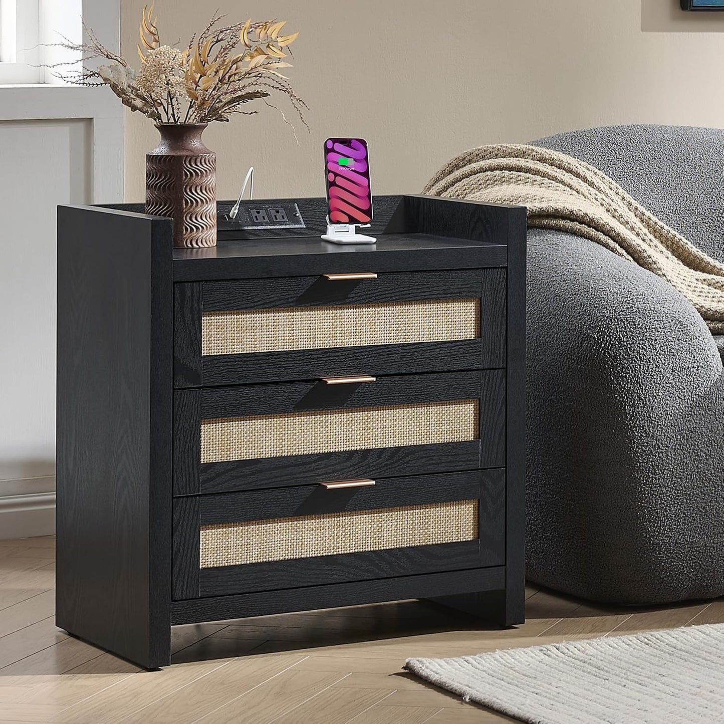 Rattan Nightstand with 3 Drawers Charging Station Farmhouse Bedside Table