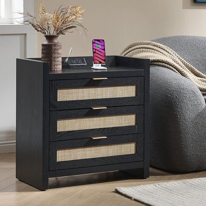 Rattan Nightstand with 3 Drawers Charging Station Farmhouse Bedside Table