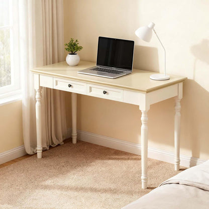 French Country Solid Wood Writing Desk with 2 Drawers Beige Farmhouse Table